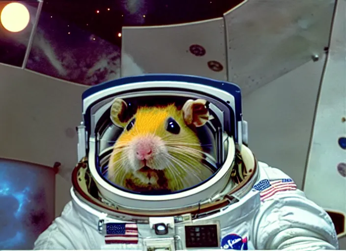 Prompt: film still of a hamster working for mission control at nasa, 8 k