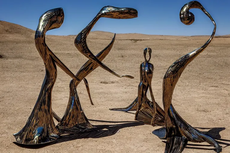 Image similar to surrealist metal sculptures by max ernst in a california desert landscape