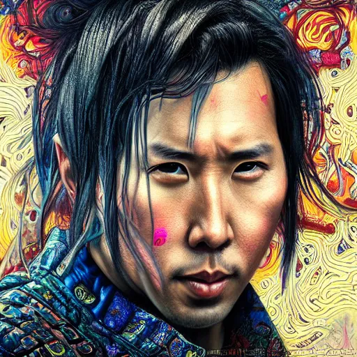 Image similar to portrait of donnie yen, hyper detailed masterpiece, neon floral pattern, jean giraud, digital art painting, darkwave goth aesthetic, psychedelic, artgerm, donato giancola and tom bagshaw