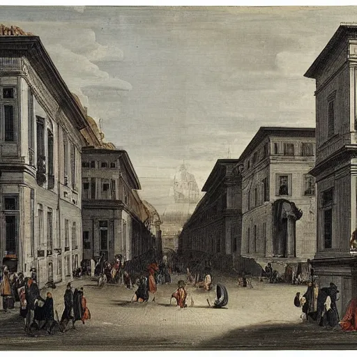 Prompt: the view down a street, buildings in rome by girolamo da catignola and martinus rørbye