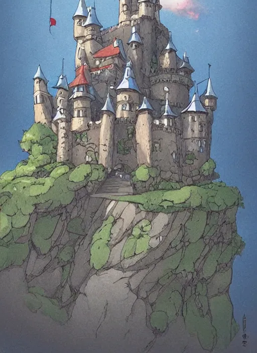 Image similar to cartoon illustration of a castle on top of a hill, concept art by hayao miyazaki, featured on pixiv, fantasy art, concept art, official art, anime aesthetic