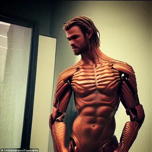 Image similar to “a realistic detailed photo of a guy who is an attractive humanoid who is half robot and half humanoid, who is a male android, Chris Hemsworth, shiny skin, posing like a statue, blank stare”