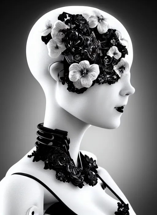 Image similar to black and white dreamy profile face portrait, biomechanical beautiful angelic young female cyborg - robot - doll bust, body ribs meshes, volumetric light, hibiscus flowers, rim light, big gothic fashion pearl embroidered collar, 1 9 3 0, 8 k