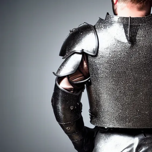 Prompt: a man clad in shining black metallic armor holding a piece of back wool