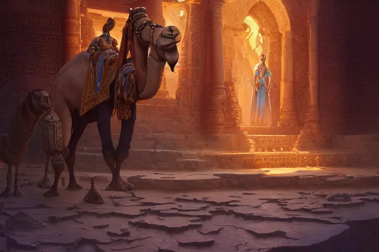 Prompt: camel temple, 1 0 0 1 night, dark water, gemstones and treasures, deep focus, d & d, fantasy, intricate, elegant, highly detailed, digital painting, artstation, concept art, matte, sharp focus, illustration, hearthstone, art by artgerm and greg rutkowski and alphonse mucha