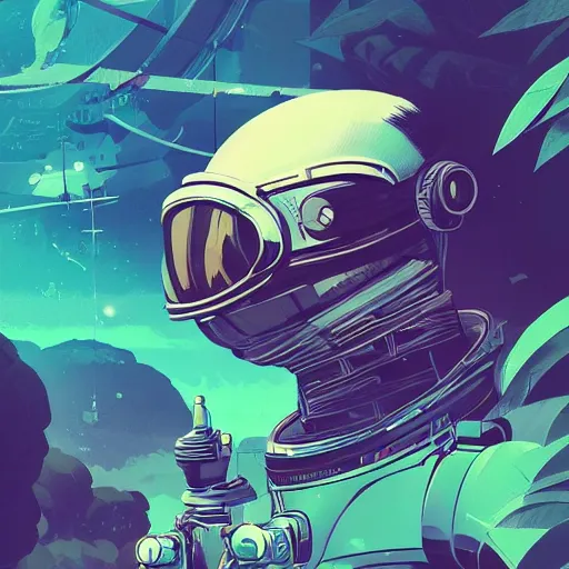 Image similar to view of a future cosmonaut with helmet having cybernetics and wirings exploring a jungle, d & d, trending on artstation, art by rossdraws, petros afshar, tom whalen, laurie greasley and greg rutkowski and ilya kuvshinov, global illumination