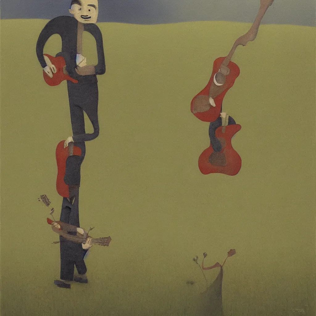 Image similar to whimsical painting of a man with a guitar for a head standing in a green field, painted by shaun tan, award winning painting