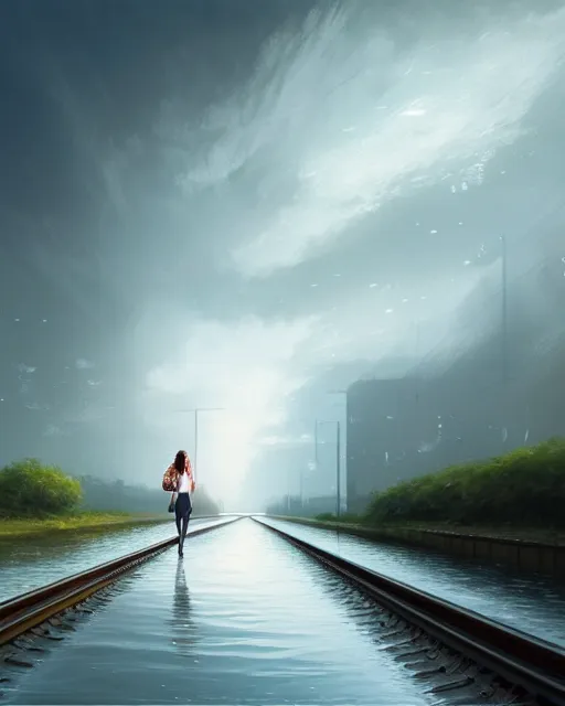 Image similar to photo of girl walking along submerged train tracks reflective water toward a station in the distance, wide horizon, large white clouds, intricate, elegant, highly detailed, digital painting, artstation, concept art, smooth, sharp focus, illustration, art by artgerm and greg rutkowski and fra angelico