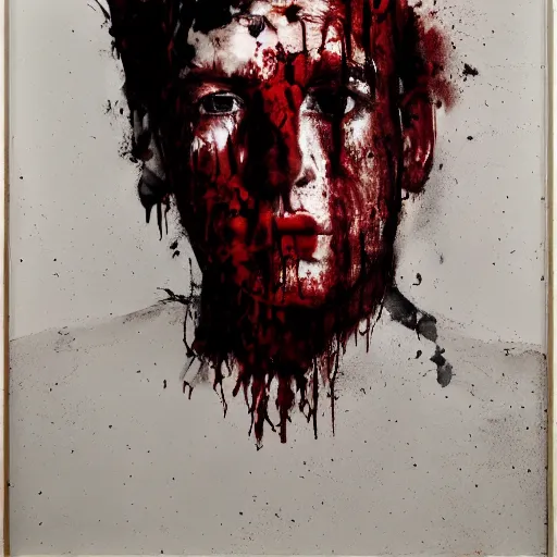 Image similar to matte portrait of a depressed young man covered in blood, by Antony Micallef, minimalist cubism