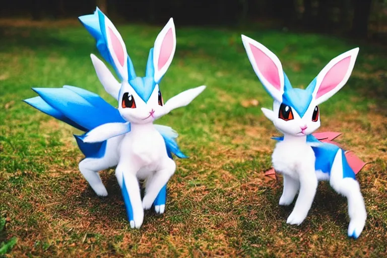 Image similar to real life sylveon pokemon, cute!!!, heroic!!!, adorable!!!, playful!!!, fluffly!!!, happy!!!, cheeky!!!, mischievous!!!, ultra realistic!!!, autumn, clear weather, golden hour, sharp focus