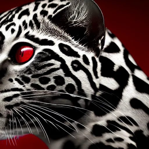 Prompt: profile shot of a black and red ocelot, dramatic, cinematic, high contrast, octane render, abstract, 4k