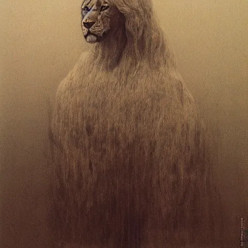 Image similar to god with with four faces : man, lion, eagle, bull. drawn by zdzislaw beksinski