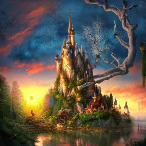Image similar to realistic, fairytale land, sunset, detailed, trending on artstation