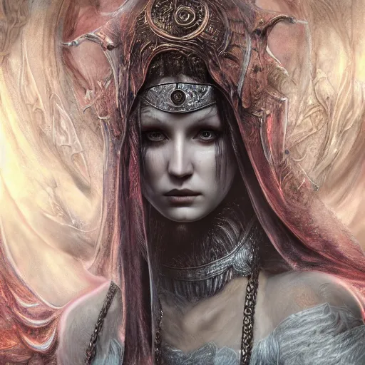 Image similar to priestess of the damned, bella hadid, 8 k resolution, concept art, detailed matte painting, eldritch, unreal engine, gustave dore, detailed painting, maximalist, 4 k, 8 k resolution, 3 d shading, rendered in blender, astral aurora, hyperdetailed, intricate, polished