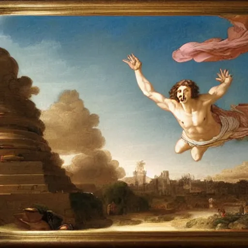 Image similar to egyptian man with long curly hair skydiving, giovanni paolo panini, versailles, jose miguel roman frances, dreamy clouds, pastel colors