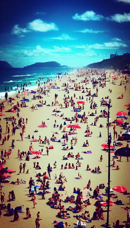 Image similar to instagram photo of a sunny day on copacabana beach looking at the ocean, hyper detailed, realistic