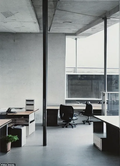 Prompt: “a modern brutalist office with minimalist furnishings, high ceilings, houseplants, photographed by Annie Liebovitz”