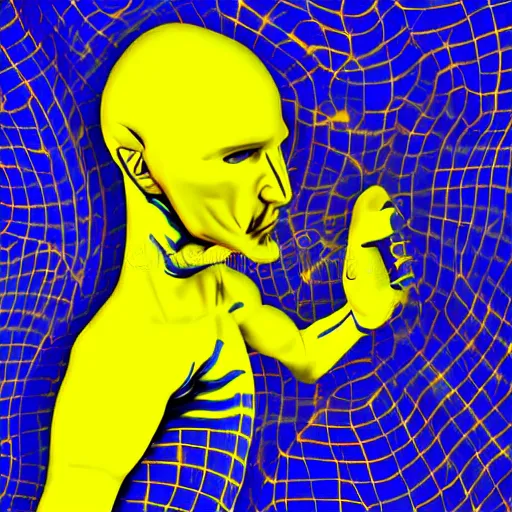 Image similar to human man that resembles a wasp morh in surreal sketch style, blue and yellow gradient, noise, ultrafine detail, hd 8k, logo illustration