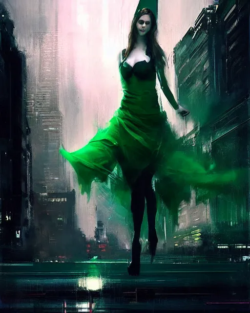 Image similar to Jeremy Mann art, artgerm, cgsociety, cinematics lighting, beautiful Anna Kendrick supervillain, green dress with a black hood, angry, symmetrical face, Symmetrical eyes, full body, flying in the air over city, night time, red mood in background