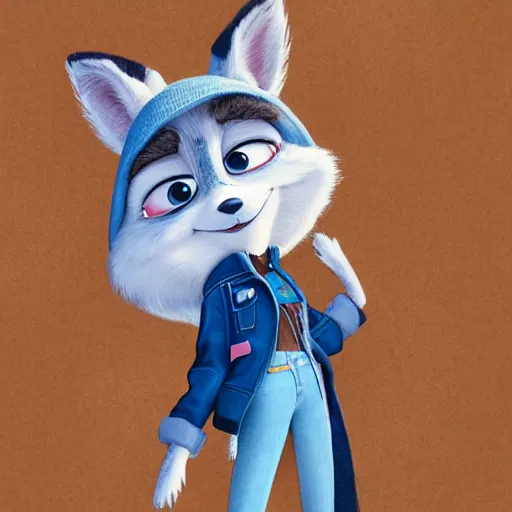 Image similar to upper half portrait of a anthropomorphic female snowfox with short fur covering her body, wearing a denim jacket in the style of zootopia, far shot,