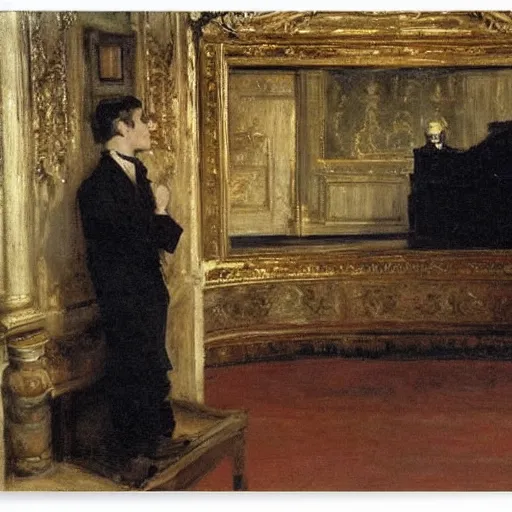 Image similar to a young man watching an actress on stage in an old theater, by alfred stevens