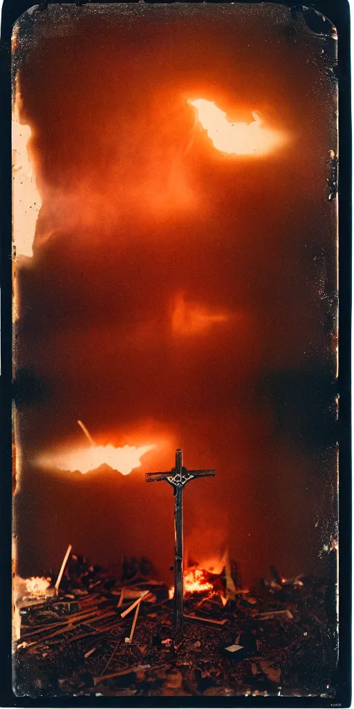 Image similar to kodak portra 4 0 0, wetplate, 8 k, shot of a highly detailed jesus gun rack explosion accident