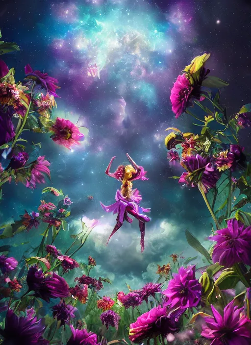 Image similar to An epic fantastic realism comic book style painting of the most beautiful twirling flowers launched across the dark and starry sky, bouquets, fisheye lens, unreal 5, DAZ, hyperrealistic, octane render, dynamic lighting