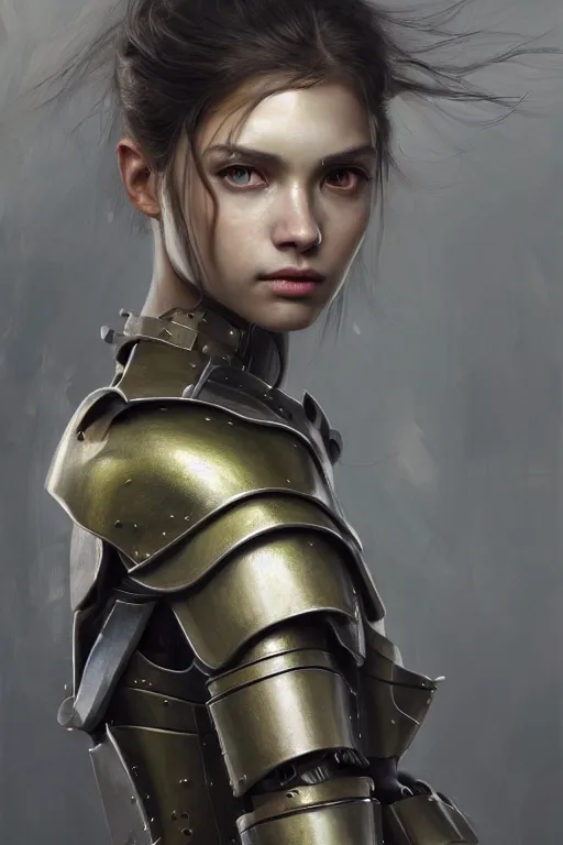 Image similar to a photorealistic painting of an attractive young girl, partially clothed in metal-plated battle armor, olive skin, long dark hair, beautiful bone structure, symmetrical face, perfect eyes, intricate, elegant, digital painting, concept art, illustration, sharp focus, minimal artifacts, from Metal Gear, in the style of Ruan Jia and Mandy Jurgens, by Greg Rutkowski, trending on Artstation, award winning