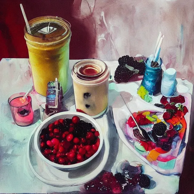 Image similar to “ sensual, neo - expressionism, surrealism, a portrait in a female art student ’ s apartment, pancakes, iced latte, berries, art supplies, a candle dripping white wax, berry juice drips, acrylic and spray paint and oilstick on canvas ”