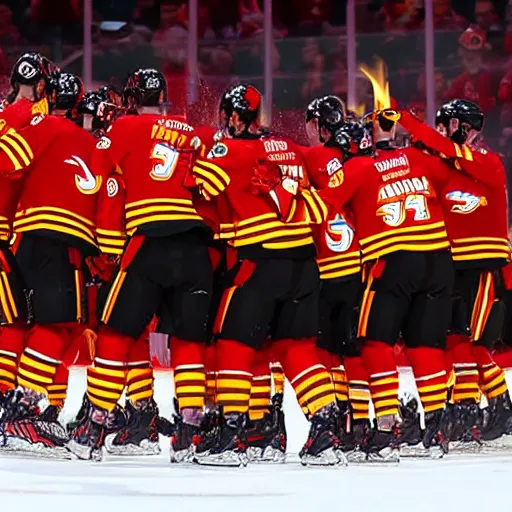 Prompt: the calgary flames with flame throwers