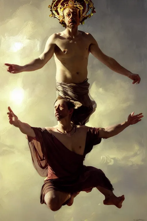 Image similar to beautiful oil painting portrait of ancient roman god emperor steve buscemi floating in the air wearing the civic crown levitating and ascending in a religious pose, ascension, art by anders zorn, wonderful masterpiece by greg rutkowski, expressive brush strokes, beautiful cinematic light, american romanticism by greg manchess, jessica rossier