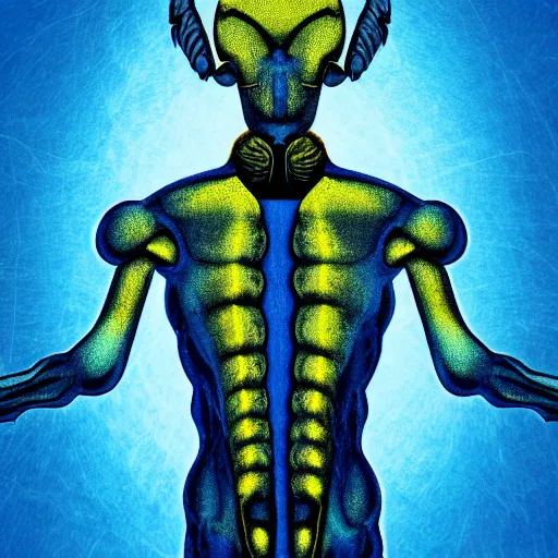 Image similar to human man that resembles a wasp morh in surreal sketch style, blue and yellow gradient, noise, ultrafine detail, hd 8k, logo illustration