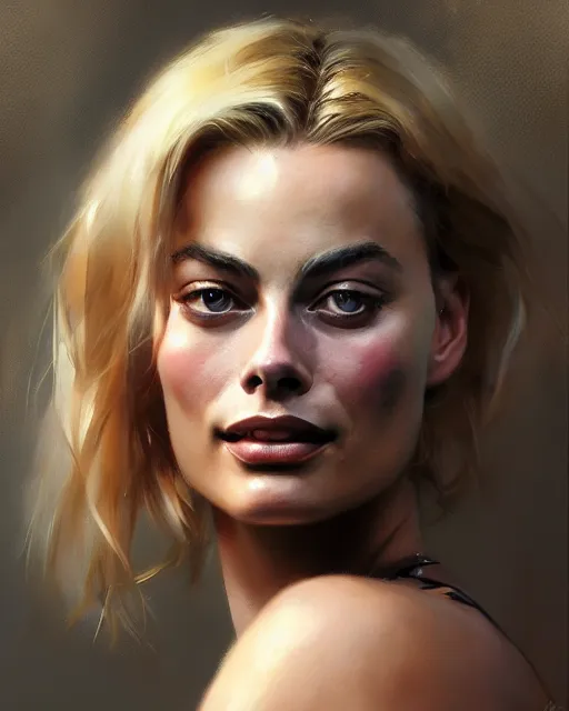 Image similar to Full view realistic portrait of actress margot robbie, masterpiece by Craig Mullins Artgerm in the style of Ruan Jia, wlop, Ross Tran, detailed and realistic, soft lighting, intricate details, realistic, full view, Artstation, CGsociety