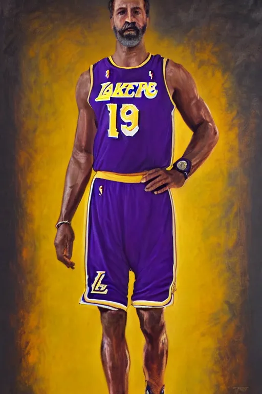 Image similar to full body portrait of the dictator of the los angeles lakers, 1 9 5 5, in full military garb, oil on canvas by william sidney mount, trending on artstation