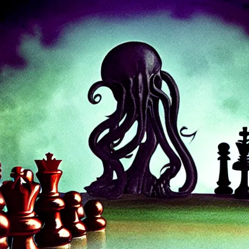 Image similar to cthulhu playing chess with god underwater