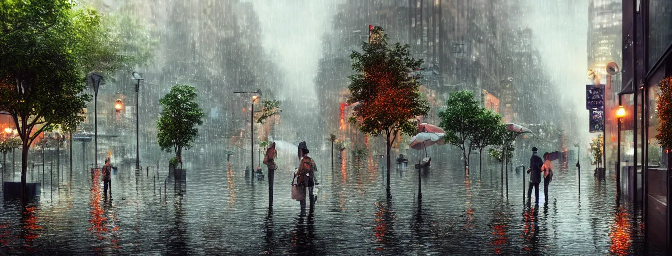 Image similar to raining night at flooded miniature new york city, emotion is on the rise on the town, cute style garden, octane render, trees, evergreen, patio, garden, wet atmosphere, tender, soft light misty yoshitaka amano, and artgerm, pixel art