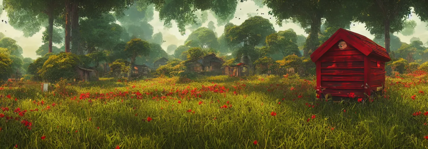 Image similar to crimson - black beehive, large bee hive, in a beautiful forest meadow village landscape, flowers, happy trees, photorealistic, octane render, rtx, hdr, unreal engine, digital art widescreen 8 k, studio ghibli, bob ross, pixar, bee movie, disney