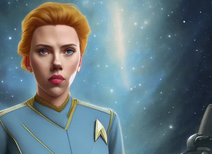 Image similar to a disney film still of scarlett johansson as a star trek officer, finely detailed features, closeup of the face, perfect art, dusk, blue hour, gapmoe yandere grimdark, trending on pixiv fanbox, painted by greg rutkowski, makoto shinkai, takashi takeuchi, alphonse mucha, akihiko yoshida