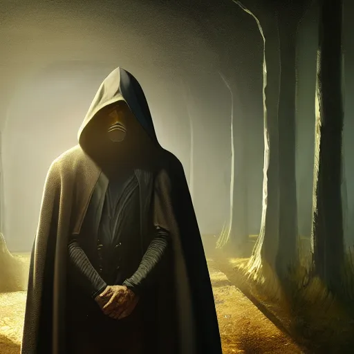 Prompt: a portrait of a man wearing a long dark cloak, hood and shadows covering face, oil painting, Volumetric Golden dappled dynamic lighting, Highly Detailed, Cinematic Lighting, Unreal Engine, 8k, HD