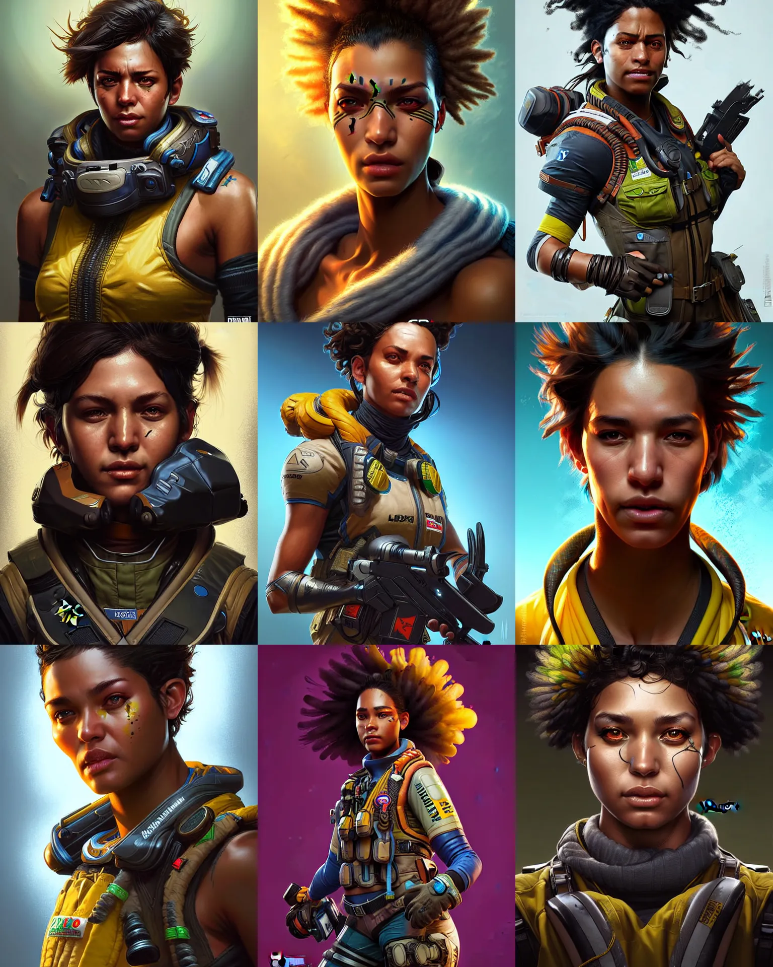 Prompt: brazilian as an apex legends character digital illustration portrait design by, mark brooks and brad kunkle detailed, gorgeous lighting, wide angle action dynamic portrait