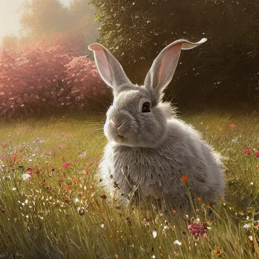 Image similar to a rabbit in a field of beautiful flowers, by stanley lau and greg rutkowski