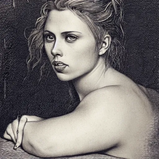 Prompt: engraving portrait of scarlet johansson with full body tattoo by gustave dore