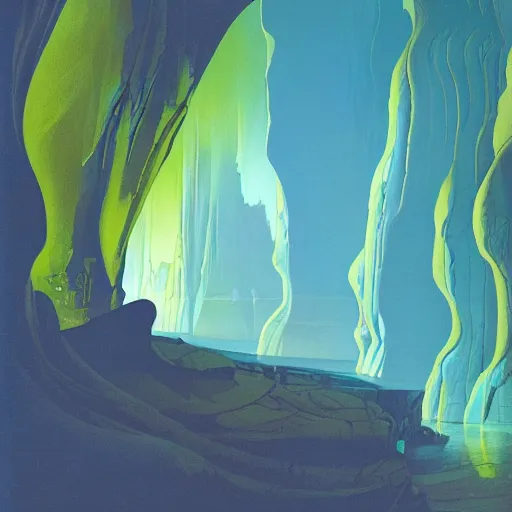 Image similar to sandstone slot canyon illuminated by electronic LED petrel parade, bioluminescent waterfall, night, by Darrell Riche, stephan martiniere, Mœbius and roger dean, unsplash contest winner, 1975, tall, intricate matte painting