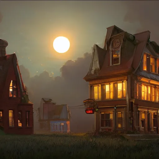 Image similar to some Steampunk buildings with the sun shining through the clouds in utopia by Simon Stålenhag and Greg Rutkowski,In style of Grant Wood.hyper detailed,8K Resolution,unreal engine 5,epic lighting,Ray Tracing,highly realistic