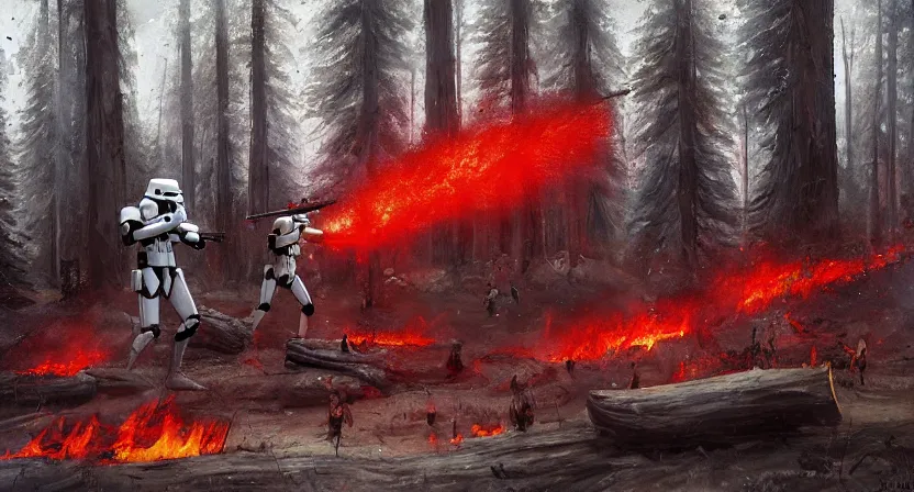 Prompt: imperial stormtroopers shooting red blaster bolts in barren lifeless forest with burned trees concept art by Doug Chiang cinematic, realistic painting, high definition,very detailed, extremely high detail, photo realistic, concept art, red color palette, the Mandalorian concept art style