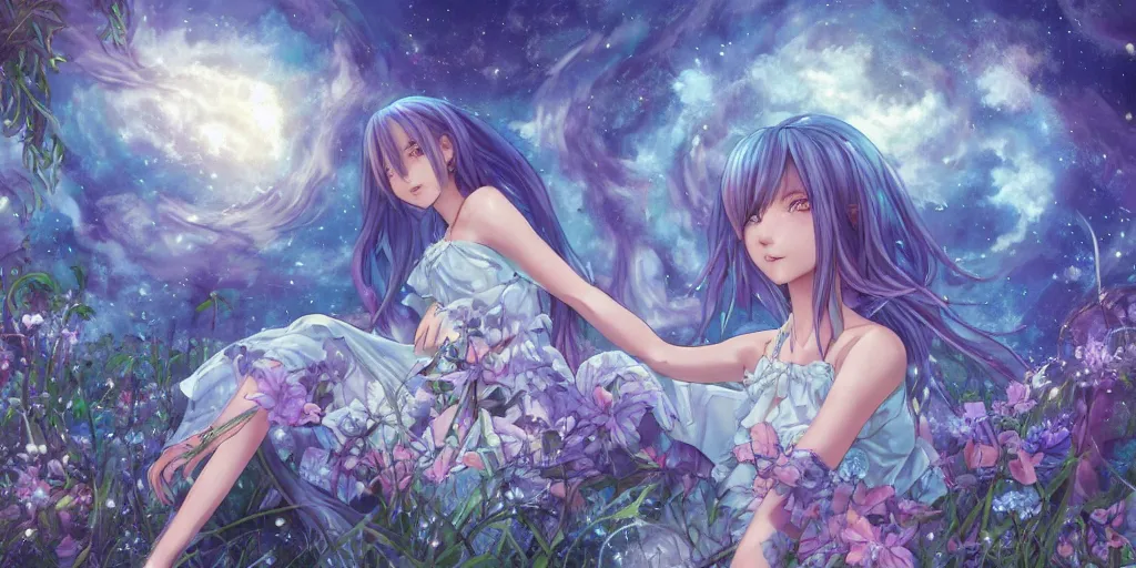 Image similar to final fantasy key visual of a pretty girl with blue flowing hair, wearing a short skirt and a crop top, meditating in a magical fantasy garden at night, moonlight, fireflies glowing, lofi feel, magical, highly detailed, digital art, artstation, smooth, hard focus, illustration, art by artgerm - in the style of final fantasy and studio ghibli