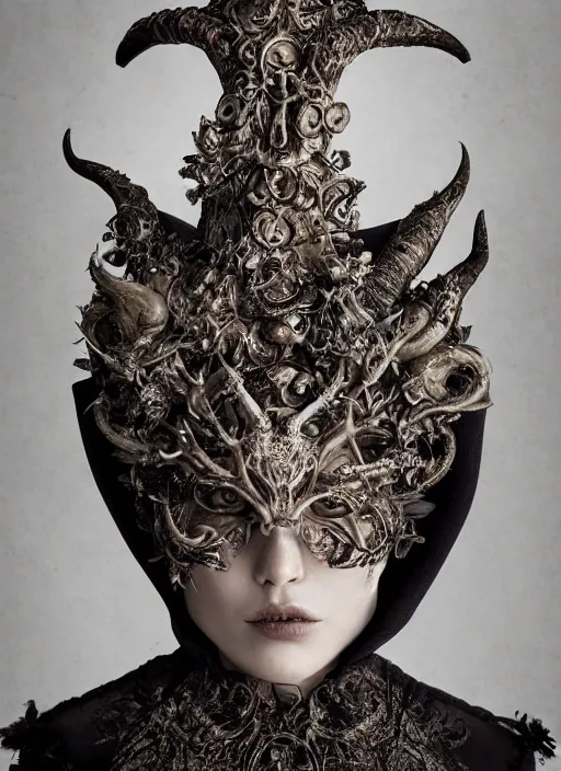 Image similar to a portrait of female by stefan geselle and nekro borja, photorealistic, intricate details, hyper realistic, fantasy, elegant, baroque, horn, ram skull headpiece, photorealistic, photography, symmetrical features, symmetrical pose, wide angle shot, feet on the ground, wearable art, unreal engine