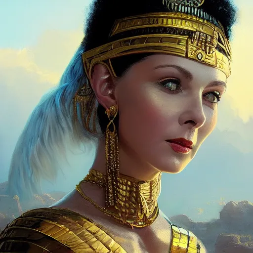 Image similar to closeup portrait of a young vivian leigh as cleopatra, palace background, dramatic light, gorgeous view, depth, high detail, digital art, painted by greg rutkowski, trending on artstation