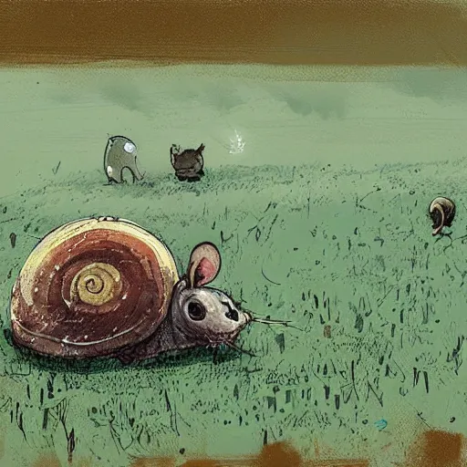 Image similar to tiny mouse riding a large snail across a field, painting by ismail inceoglu,