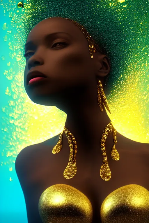 Image similar to hyperrealistic postrococo cinematic very expressive! black oshun goddess, open eyes, in water up to her shoulders, mirror dripping droplet!, gold flowers, highly detailed face, digital art masterpiece, smooth eric zener cam de leon dramatic pearlescent teal light, ground angle uhd 8 k, sharp focus